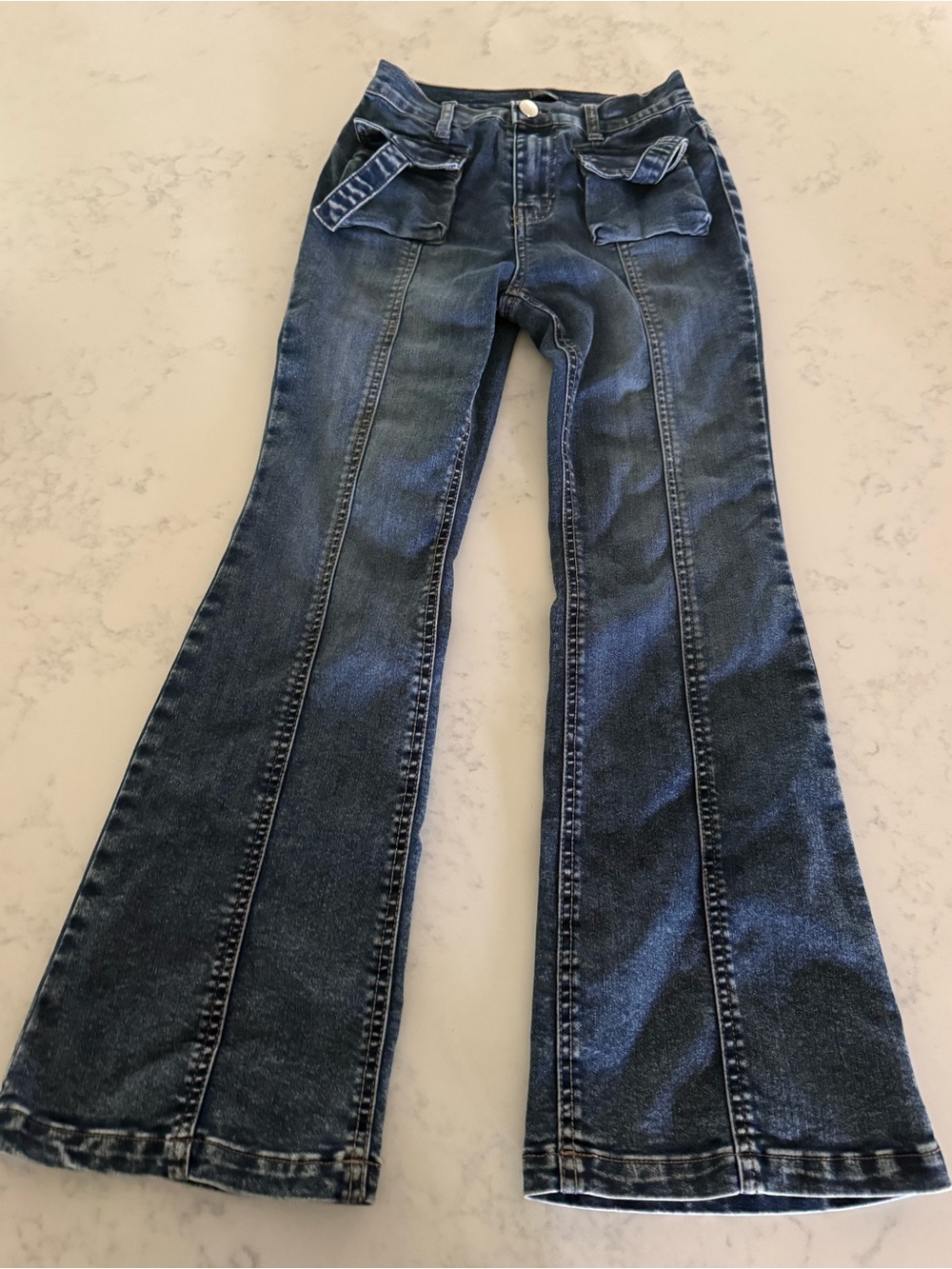 Girls Truce Dark Blue Flare Jeans with Snap Pock & Seam Detail 10